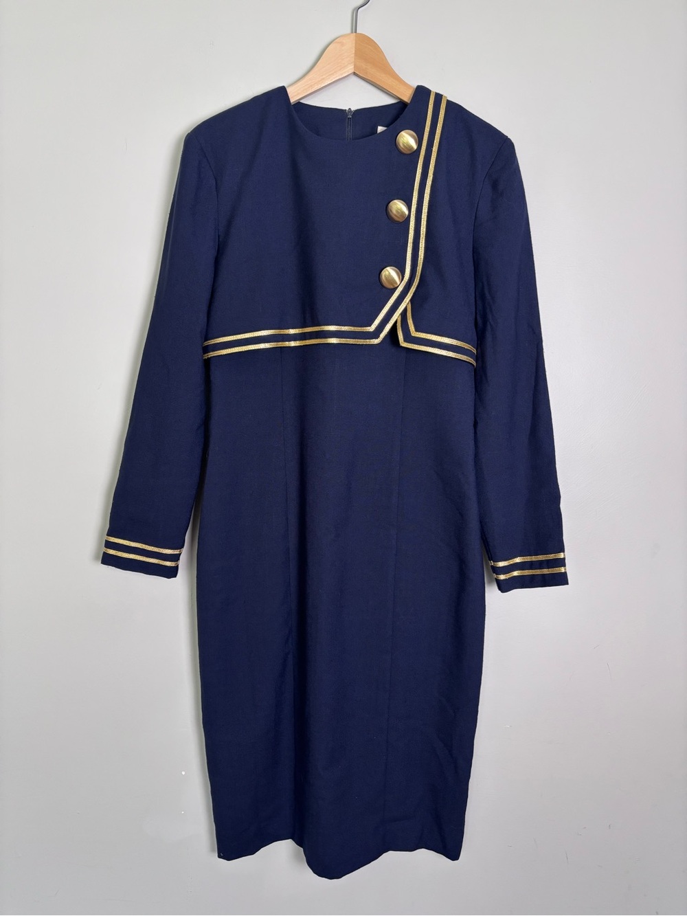VTG 80s Leslie Lucks Vintage Sailor Style Sheath Dress-8-Navy Blue/Gold Buttons